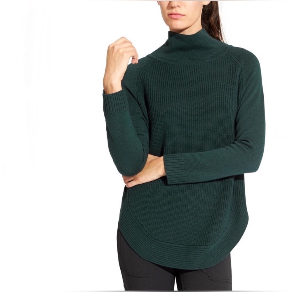 Athleta Ravine Merino Wool Blend Funnel Neck Tunic Sweater Hunter Green XXS EUC